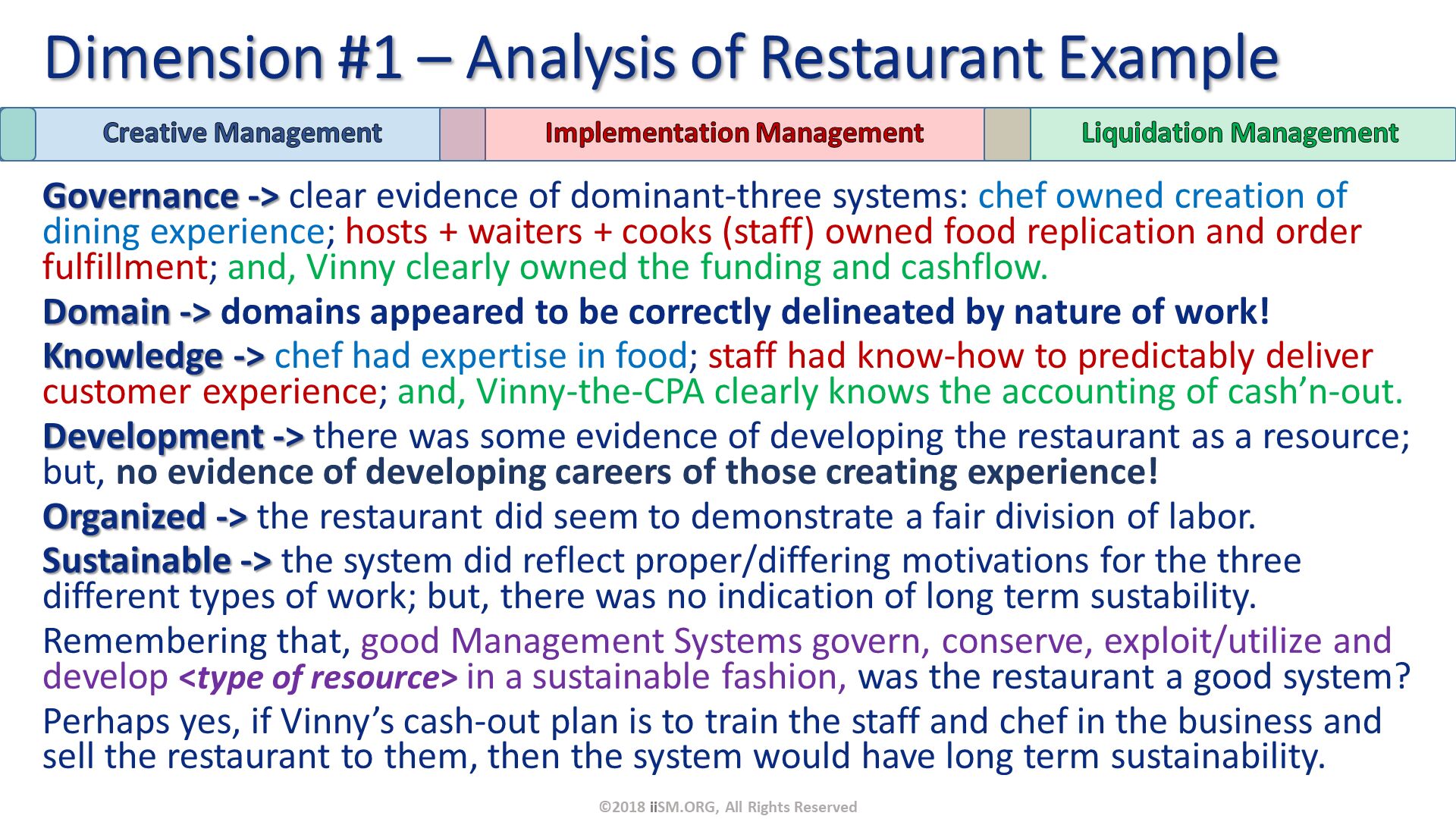 Governance -> clear evidence of dominant-three systems: chef owned creation of dining experience; hosts + waiters + cooks (staff) owned food replication and order fulfillment; and, Vinny clearly owned the funding and cashflow.
Domain -> domains appeared to be correctly delineated by nature of work! 
Knowledge -> chef had expertise in food; staff had know-how to predictably deliver customer experience; and, Vinny-the-CPA clearly knows the accounting of cash’n-out.
Development -> there was some evidence of developing the restaurant as a resource; but, no evidence of developing careers of those creating experience!
Organized -> the restaurant did seem to demonstrate a fair division of labor.
Sustainable -> the system did reflect proper/differing motivations for the three different types of work; but, there was no indication of long term sustability.  
Remembering that, good Management Systems govern, conserve, exploit/utilize and develop <type of resource> in a sustainable fashion, was the restaurant a good system?
Perhaps yes, if Vinny’s cash-out plan is to train the staff and chef in the business and sell the restaurant to them, then the system would have long term sustainability. Dimension #1 – Analysis of Restaurant Example. ©2018 iiSM.ORG, All Rights Reserved. 